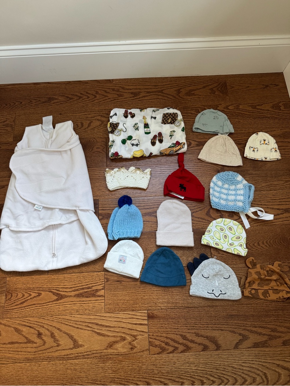 Baby Neutral White Sleep Sack + Assorted Baby Hats - Multi Color Pack